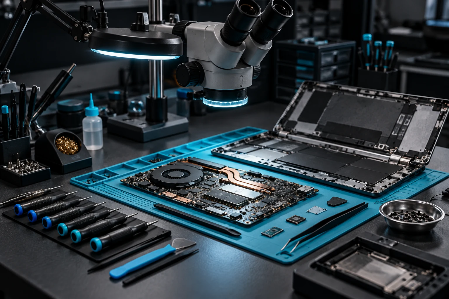 Immagine illustrativa di un banco tecnico con microscopio e strumenti per riparazioni